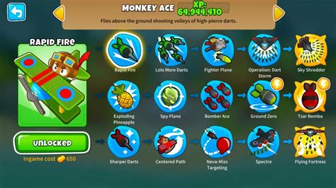 Best monkey ace path - Which upgrade path do you usually take for each tower, and why? Dart Monkey For the standard Dart Monkey, I usually go 2/3 because it's cheap, you can get him up and running quite easily, and he's pretty good at taking out the swarms of weaker bloons in the early waves Tack Shooter For the Tack Shooter, I usually run 4/2 if the map has lots of tight U-Turns, like in Checkerboard.